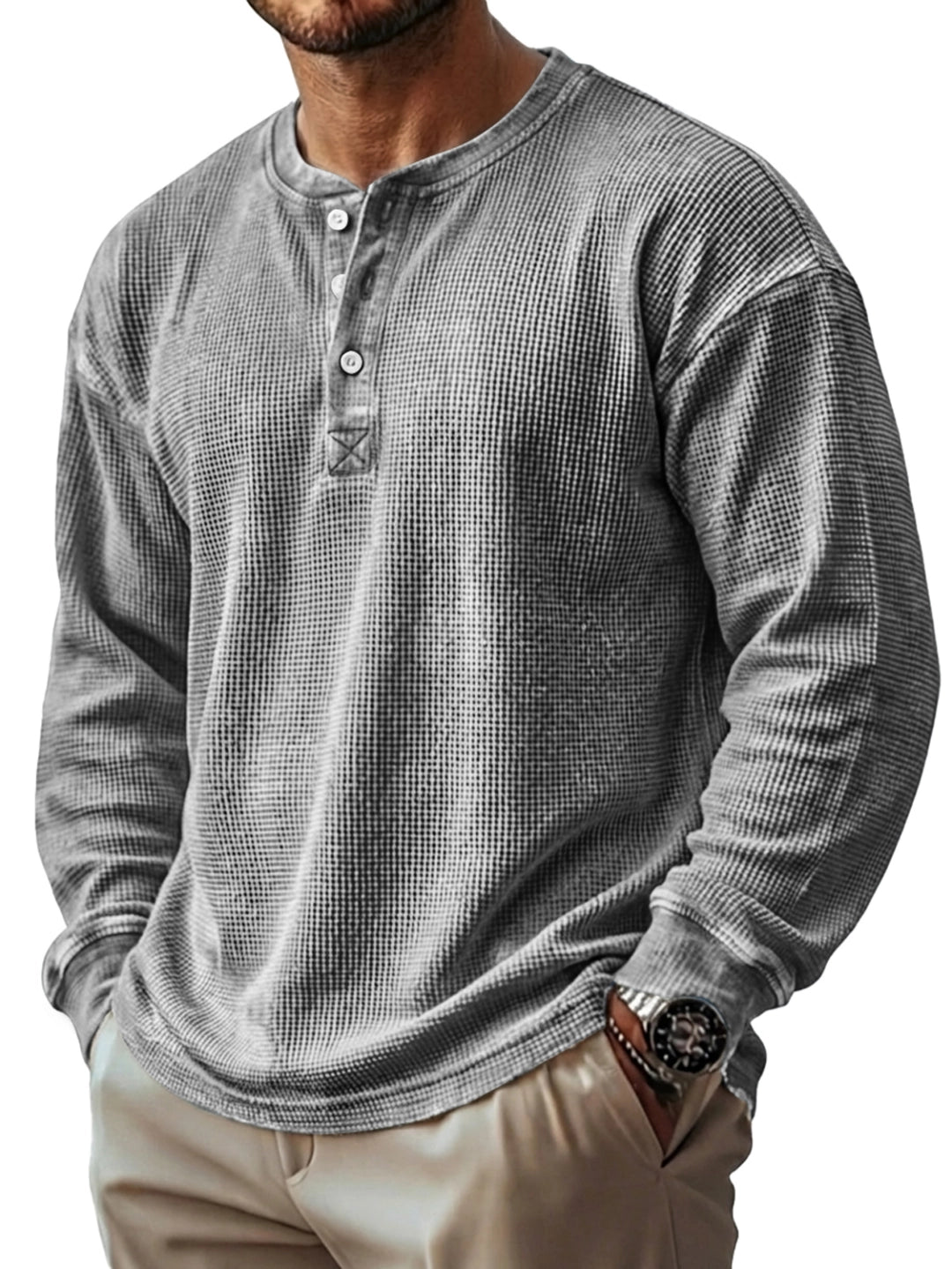 Men's Vintage Waffle Knit Long-sleeved Henley Shirt