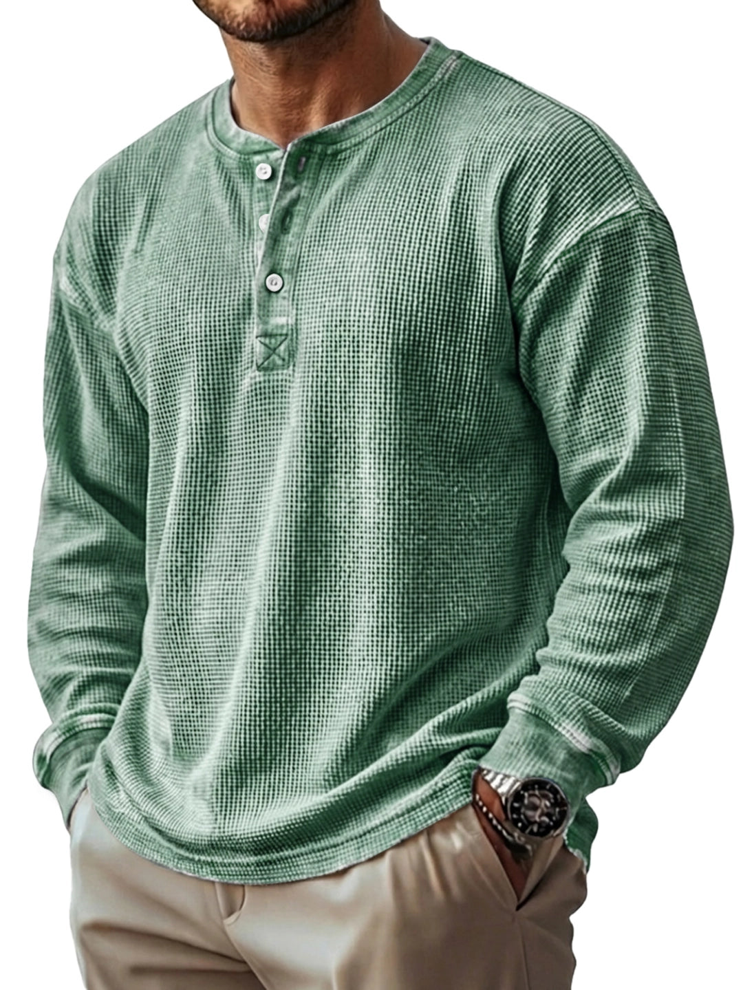 Men's Vintage Waffle Knit Long-sleeved Henley Shirt