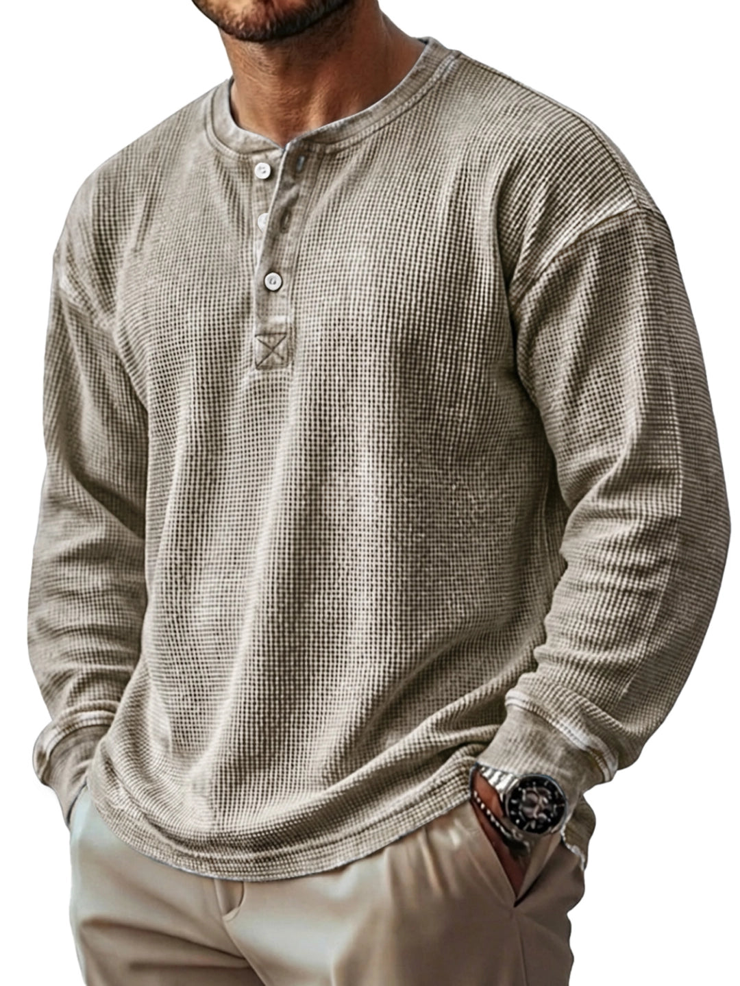 Men's Vintage Waffle Knit Long-sleeved Henley Shirt