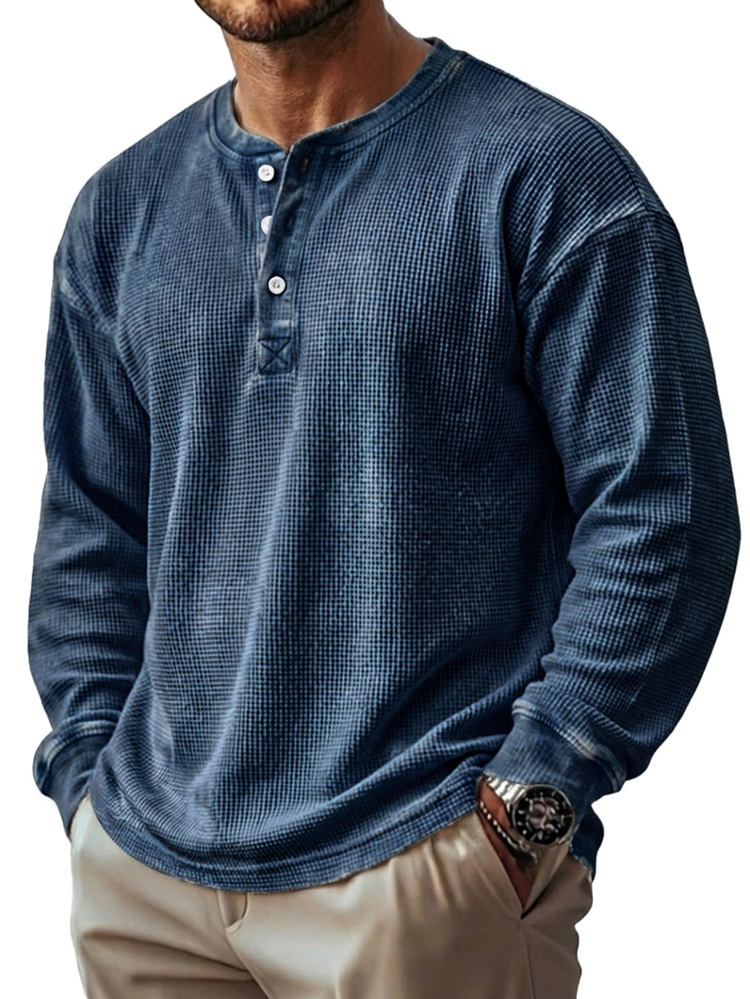 Men's Vintage Waffle Knit Long-sleeved Henley Shirt