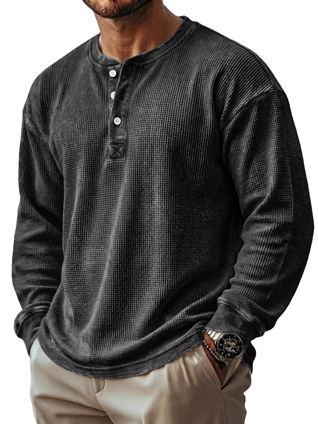 Men's Vintage Waffle Knit Long-sleeved Henley Shirt