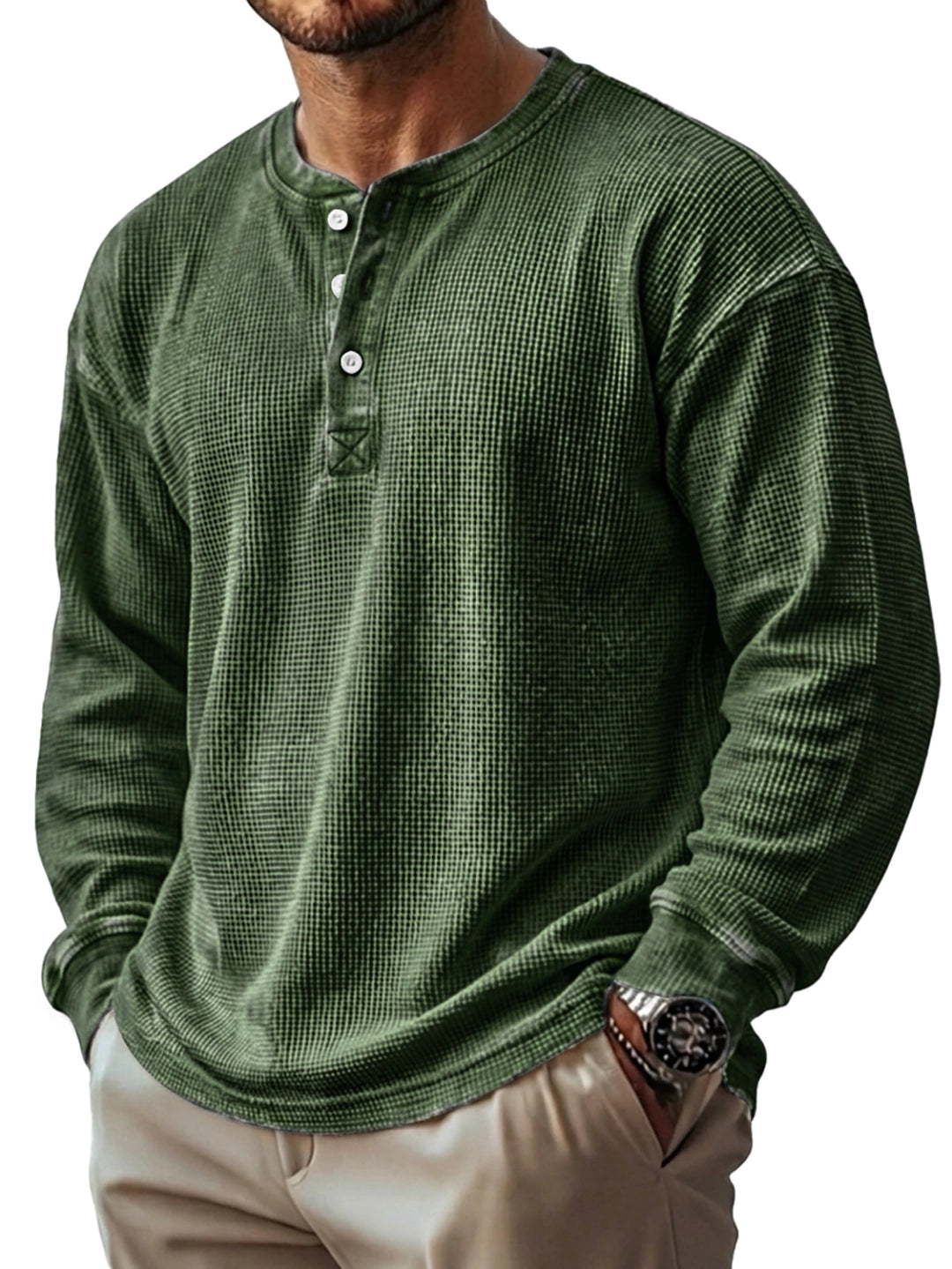 Men's Vintage Waffle Knit Long-sleeved Henley Shirt