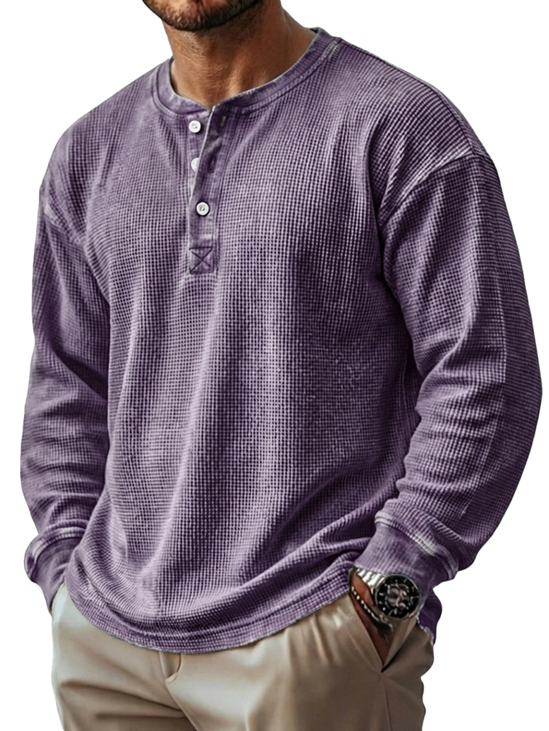 Men's Vintage Waffle Knit Long-sleeved Henley Shirt