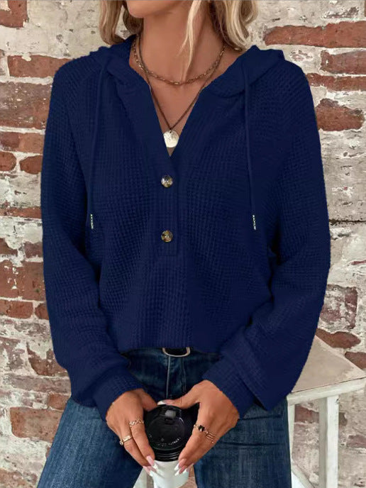 HaulDokotoo Hoodies for Women WaffleKnit Long Sleeve Drawstring Button V NeckCasual Pullover Sweatshirt Hooded Tops