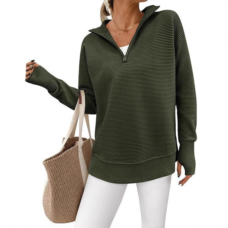 2025 New Hot Selling Long-Sleeved Half-Zip V-Neck Casual Fashion Ribbed Knit Sweater Pullover for Women