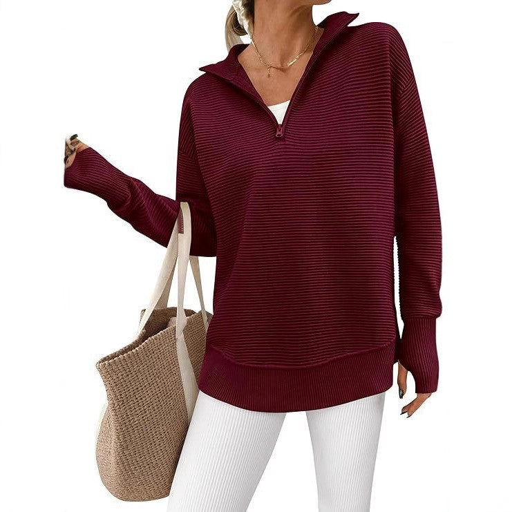 2025 New Hot Selling Long-Sleeved Half-Zip V-Neck Casual Fashion Ribbed Knit Sweater Pullover for Women