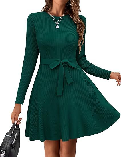 2025 Women's Autumn/Winter Casual French Retro Fitted Ribbed Dress with Belt