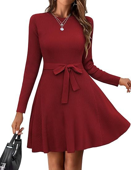 2025 Women's Autumn/Winter Casual French Retro Fitted Ribbed Dress with Belt