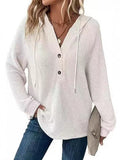 HaulDokotoo Hoodies for Women WaffleKnit Long Sleeve Drawstring Button V NeckCasual Pullover Sweatshirt Hooded Tops