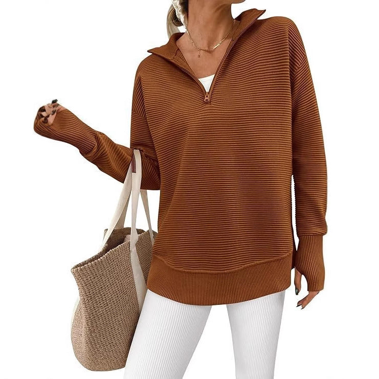 2025 New Hot Selling Long-Sleeved Half-Zip V-Neck Casual Fashion Ribbed Knit Sweater Pullover for Women