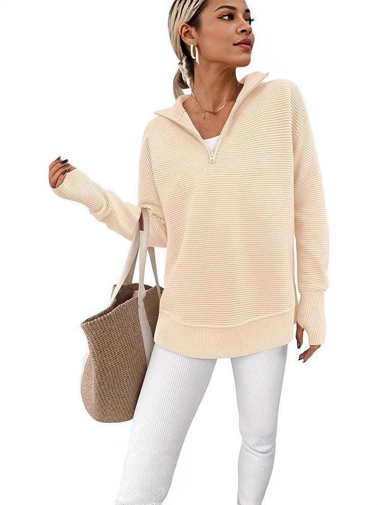 2025 New Hot Selling Long-Sleeved Half-Zip V-Neck Casual Fashion Ribbed Knit Sweater Pullover for Women