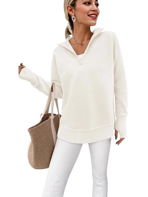 2025 New Hot Selling Long-Sleeved Half-Zip V-Neck Casual Fashion Ribbed Knit Sweater Pullover for Women