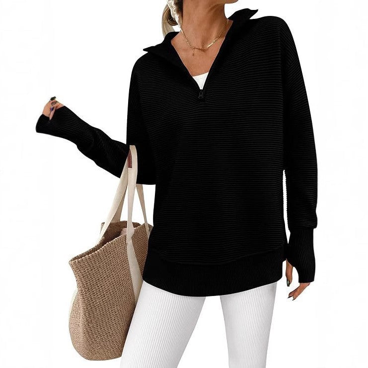 2025 New Hot Selling Long-Sleeved Half-Zip V-Neck Casual Fashion Ribbed Knit Sweater Pullover for Women