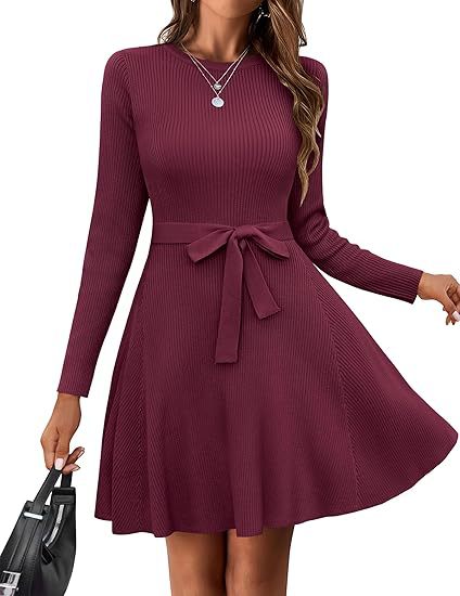2025 Women's Autumn/Winter Casual French Retro Fitted Ribbed Dress with Belt